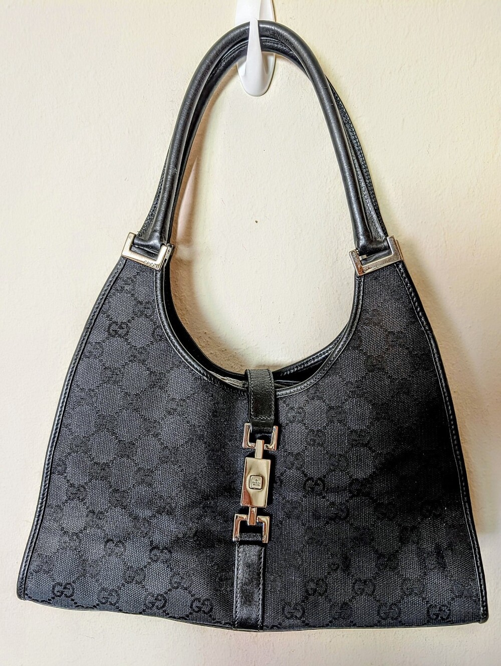 Gucci Black Monogram Shoulder Bag with Silver Accent Hardware In Great Condition